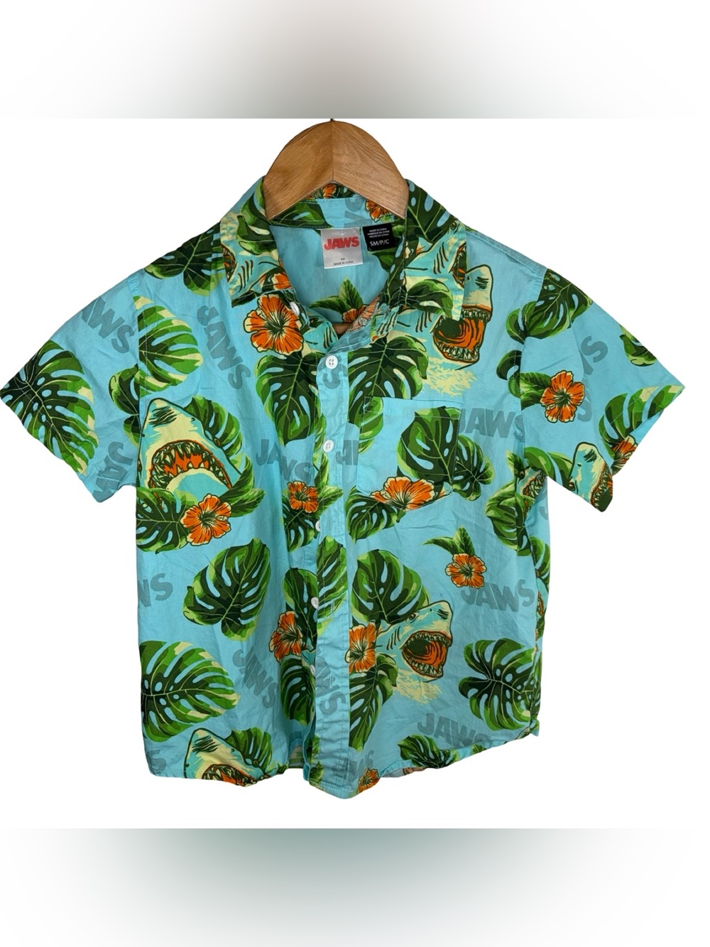 Jaws Kids' Tropical Button-Up Shirt - Aqua with Green & Orange Print